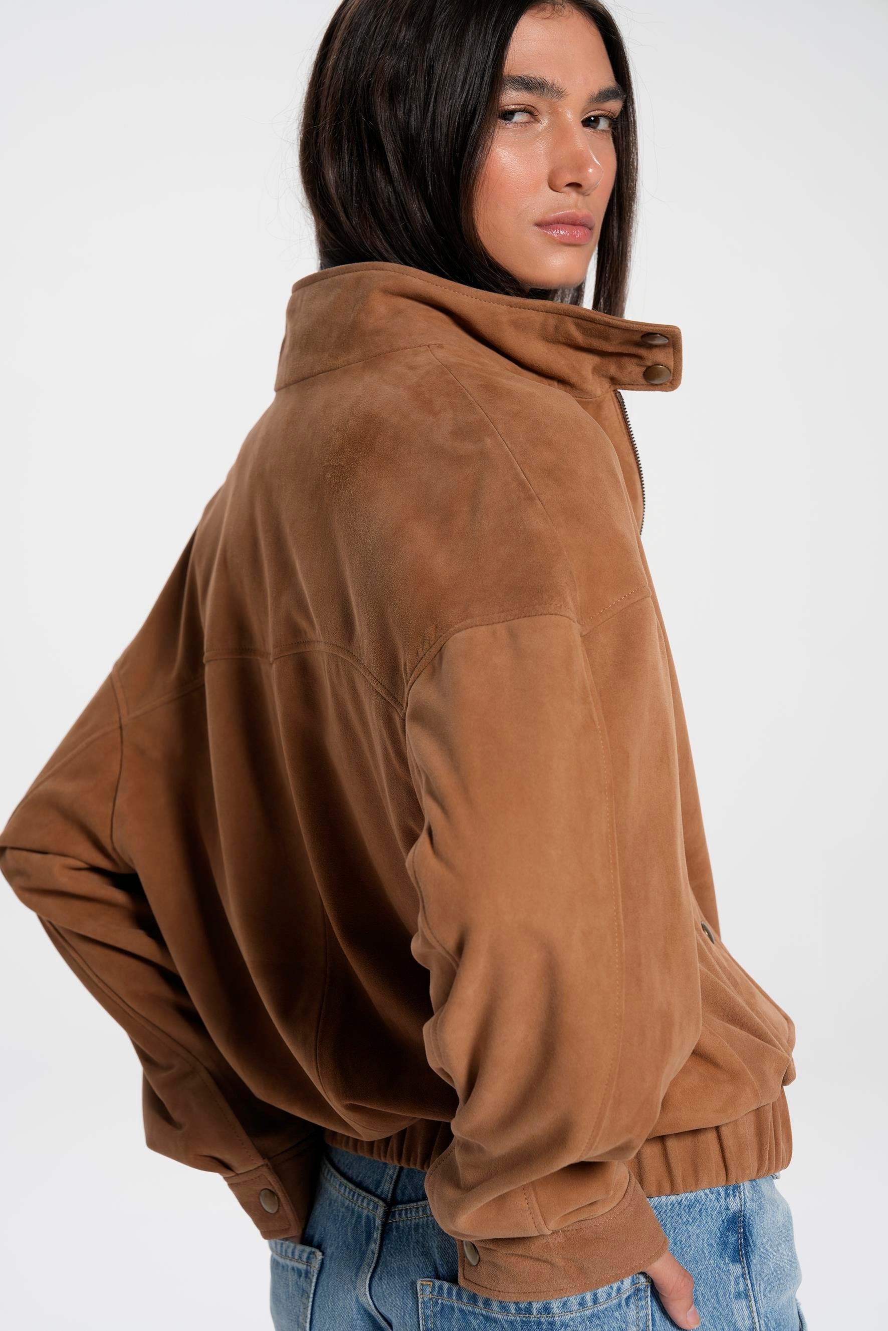 Tütün Dik Yaka Bomber Süet Ceket