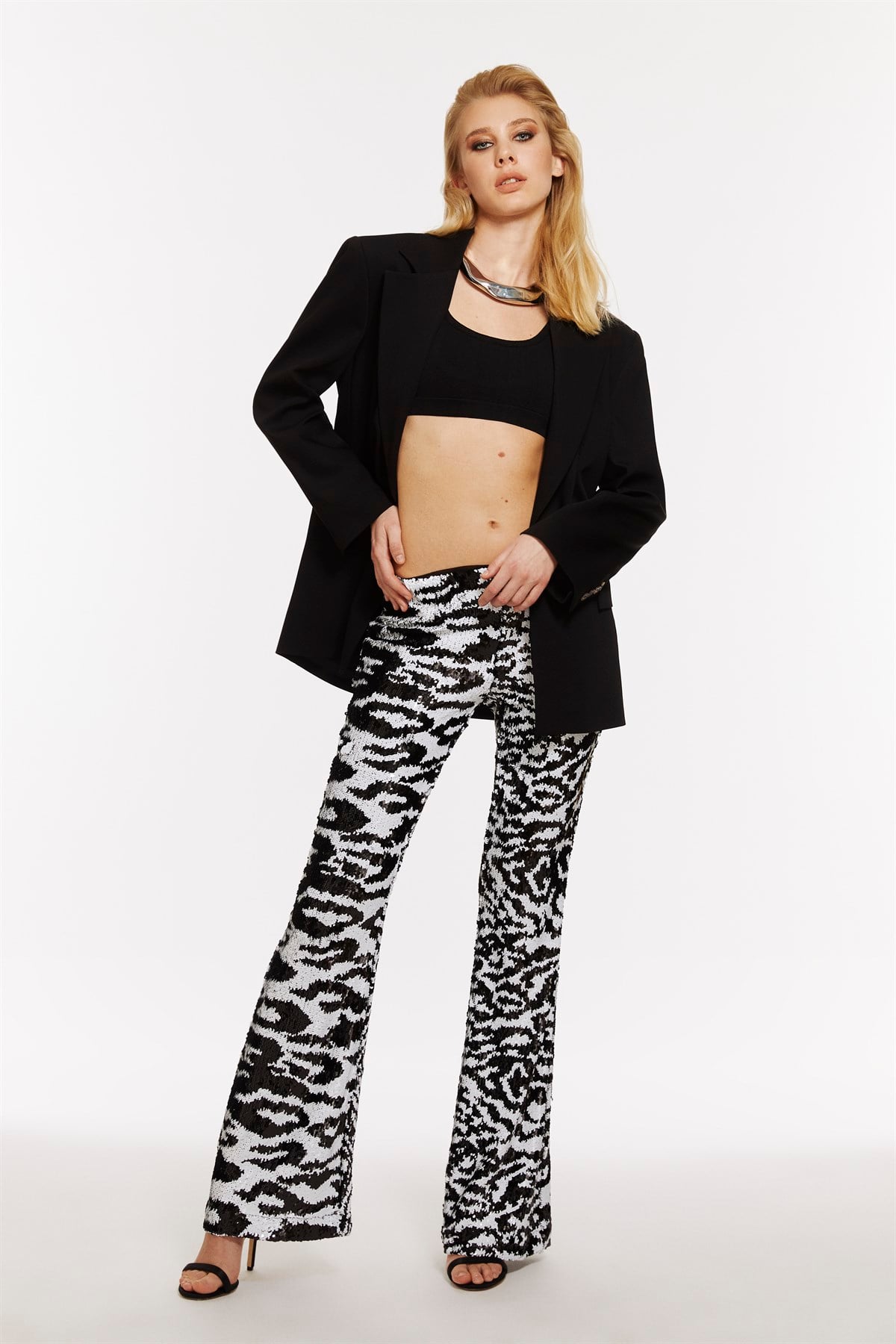 Zebra Desen Pullu Flare Pantolon
