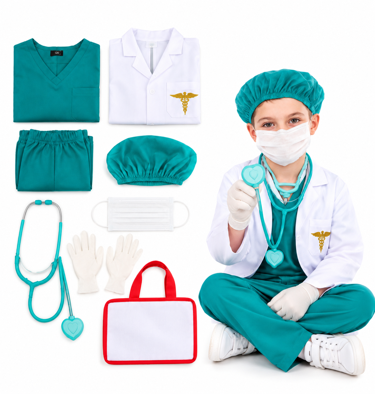 Çocuk Cerrah Doktor Kostümü Tam Set – Ameliyat Kıyafeti, Doktor Önlüğü, Steteskop ve Aksesuarları
