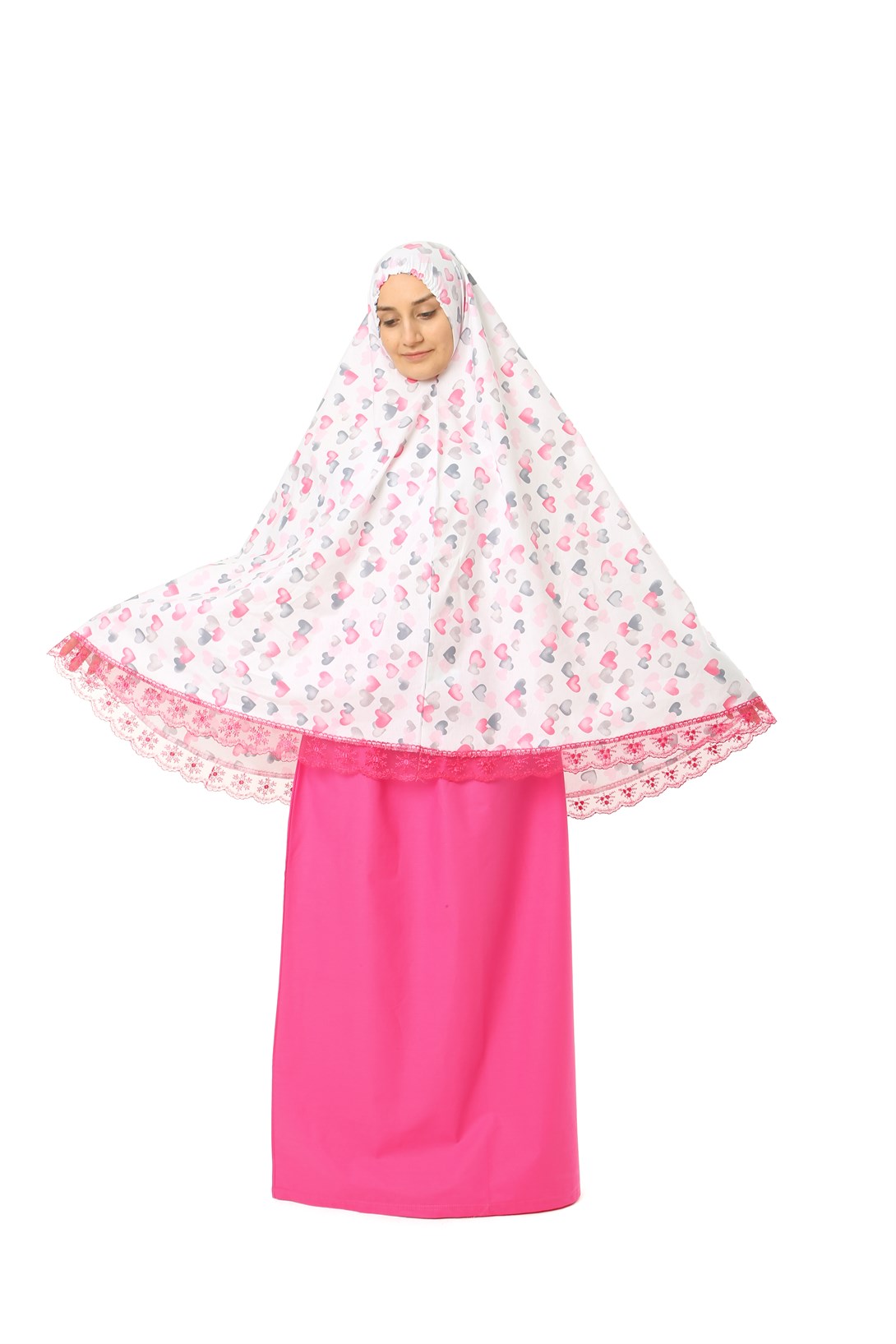 Kız Çocuk Namaz Elbisesi Küçük Kalp Baskılı Dantel Detaylı