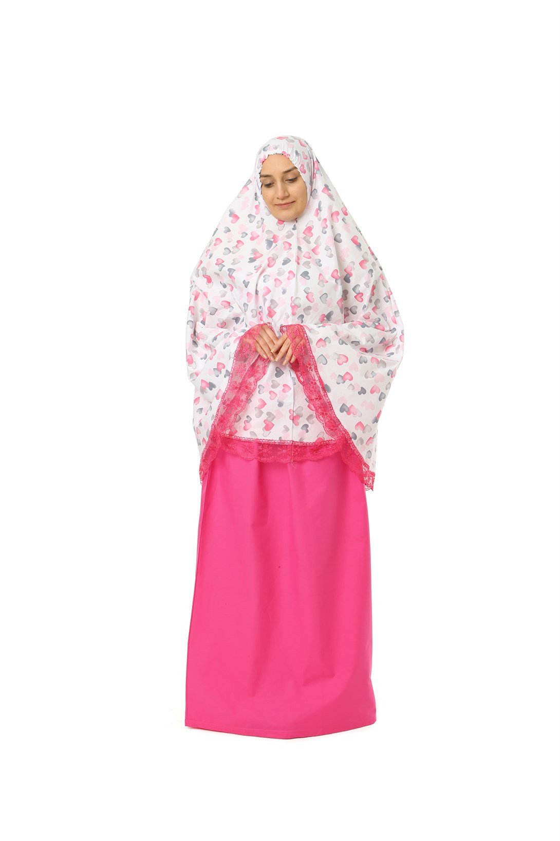 Kız Çocuk Namaz Elbisesi Küçük Kalp Baskılı Dantel Detaylı