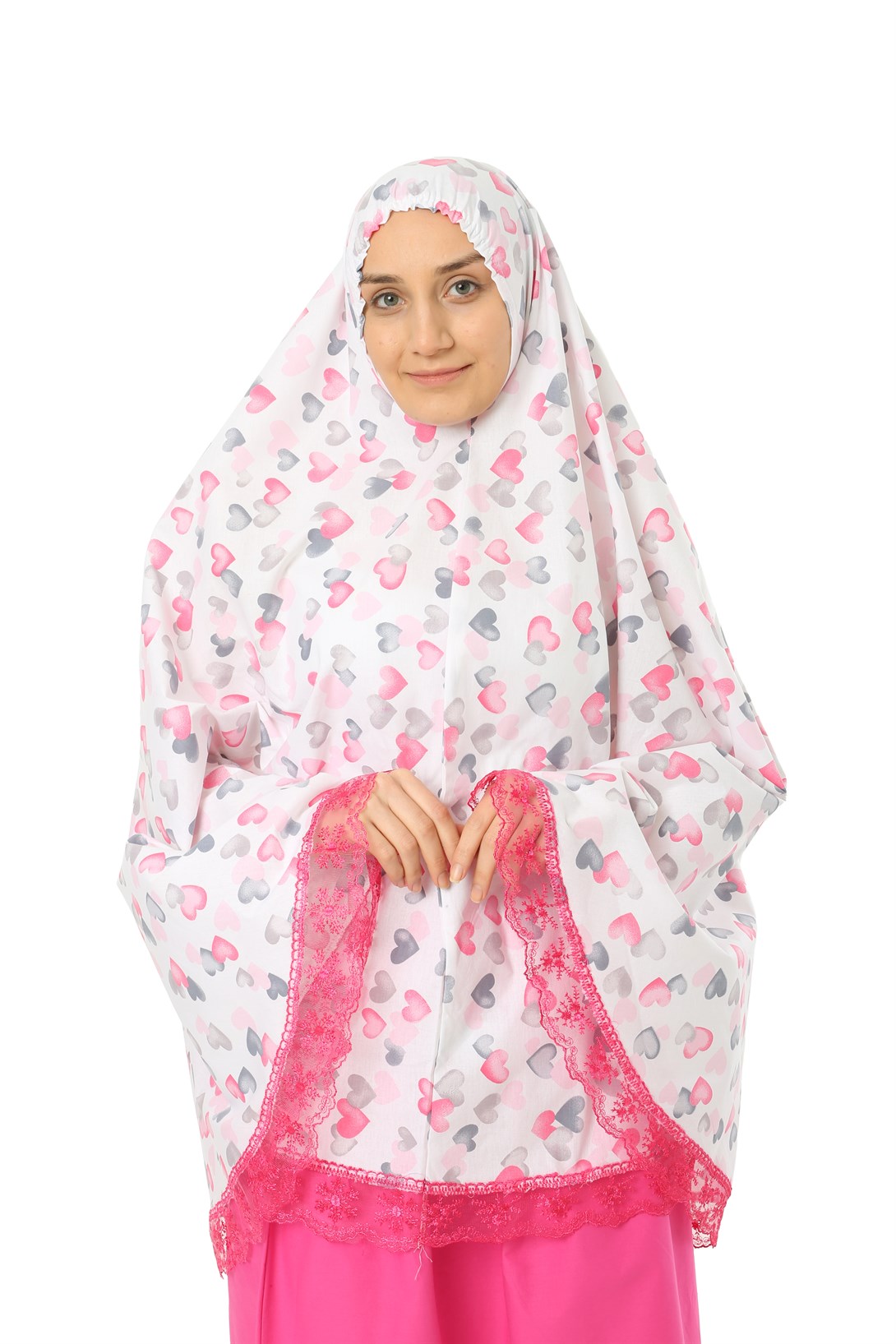 Kız Çocuk Namaz Elbisesi Küçük Kalp Baskılı Dantel Detaylı