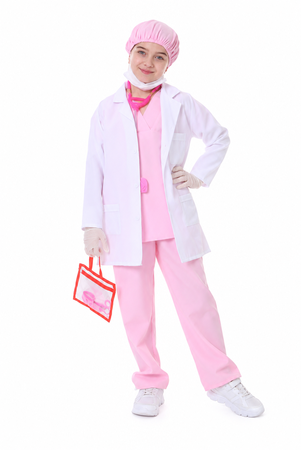 Kız Çocuk Doktor Kostümü – Pembe Cerrah Kıyafeti, Doktor Önlüğü ve Aksesuarlı Meslek Kostümü