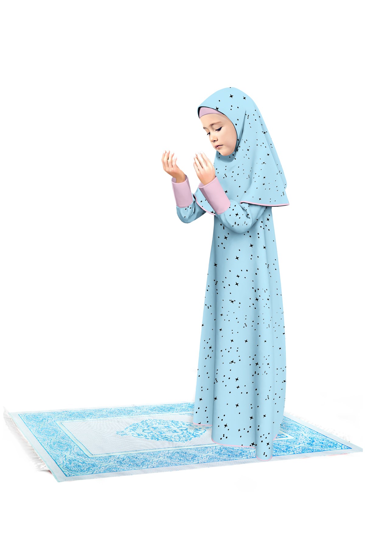 Kız Çocuk Namaz Elbisesi 3 Parçalı Seccadeli Yıldız Desenli Kolu Manşetli