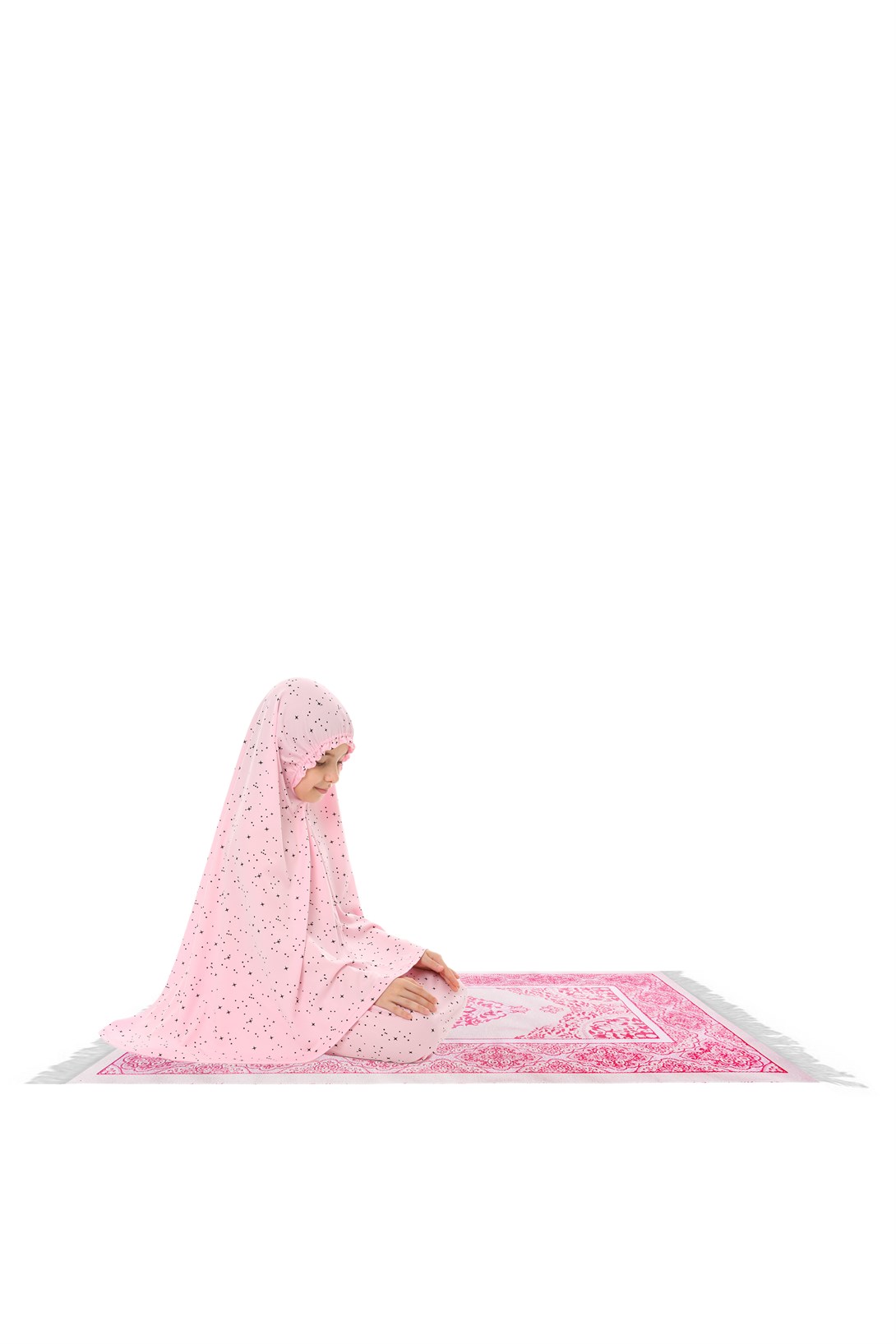 Kız Çocuk Namaz Elbisesi 3 Parçalı Seccadeli Yıldız Desenli