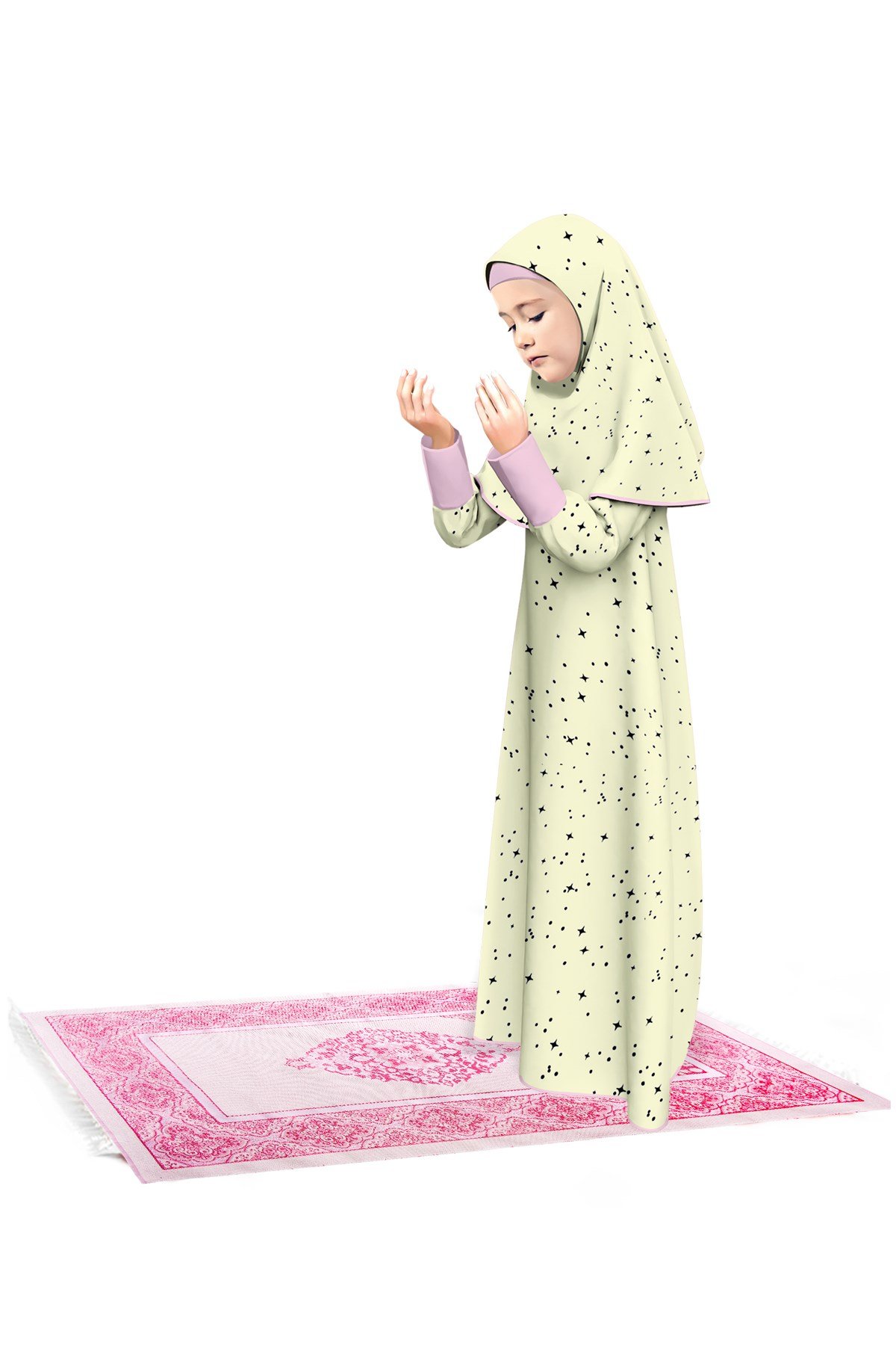Kız Çocuk Namaz Elbisesi 3 Parçalı Seccadeli Yıldız Desenli Kolu Manşetli