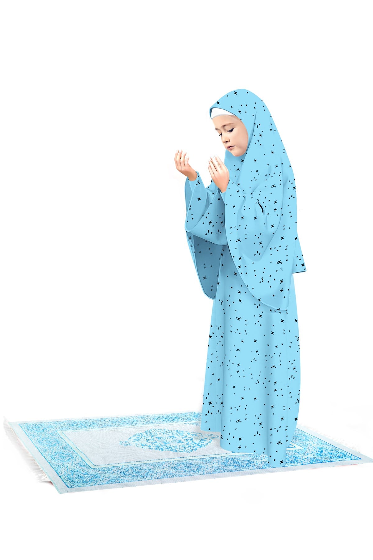 Kız Çocuk Namaz Elbisesi 3 Parçalı Seccadeli Yıldız Desenli