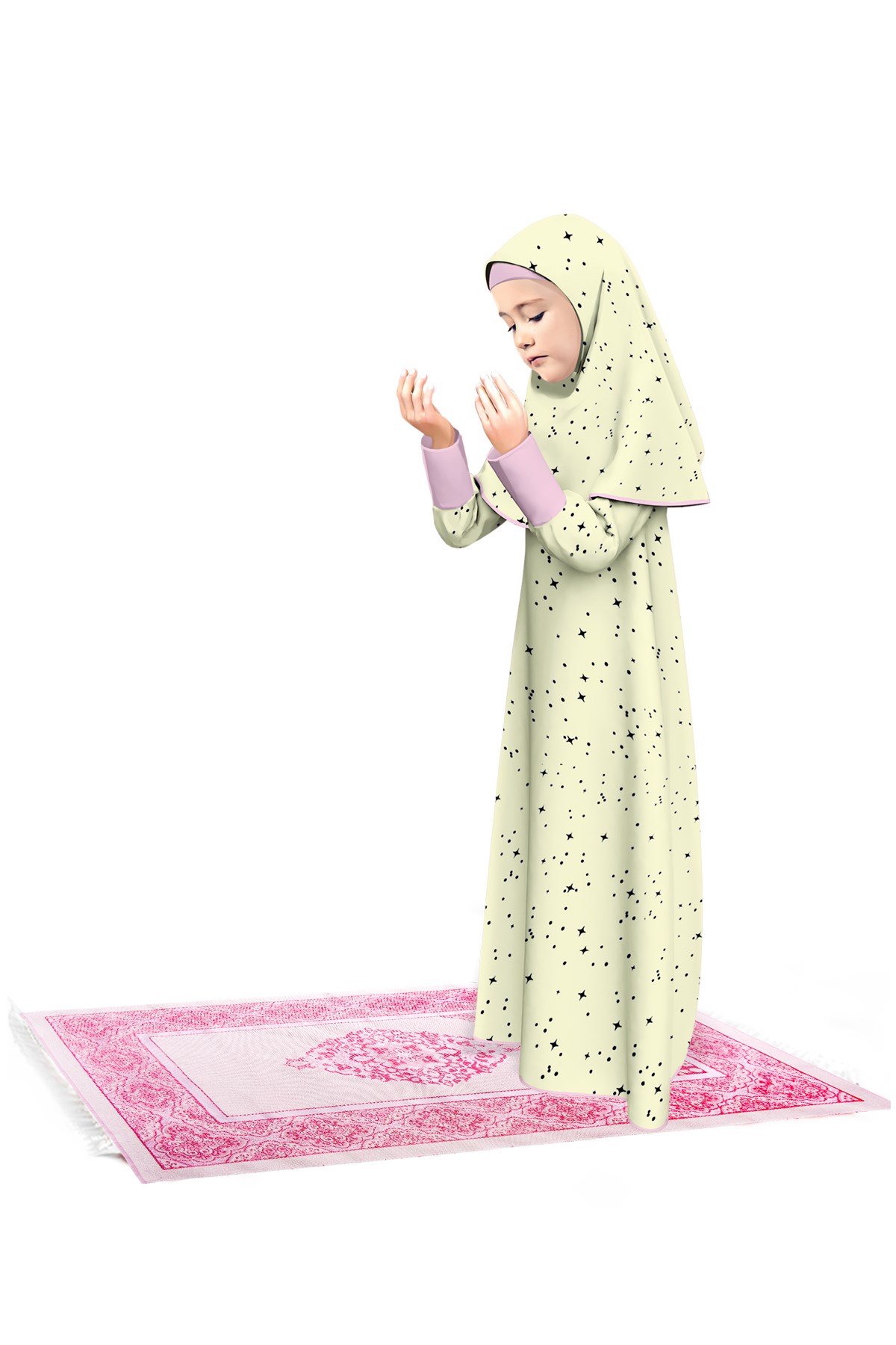 Kız Çocuk Namaz Elbisesi 3 Parçalı Seccadeli Yıldız Desenli Kolu Manşetli