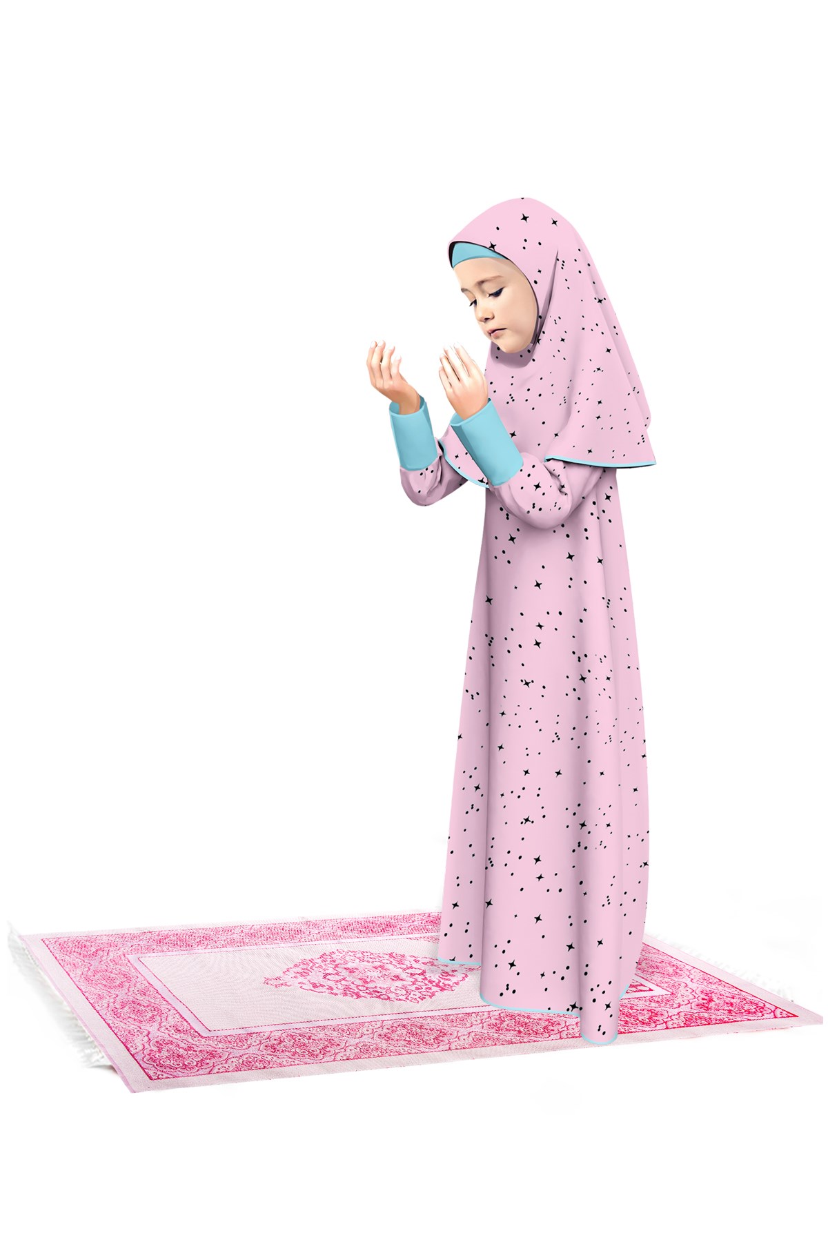 Kız Çocuk Namaz Elbisesi 3 Parçalı Seccadeli Yıldız Desenli Kolu Manşetli