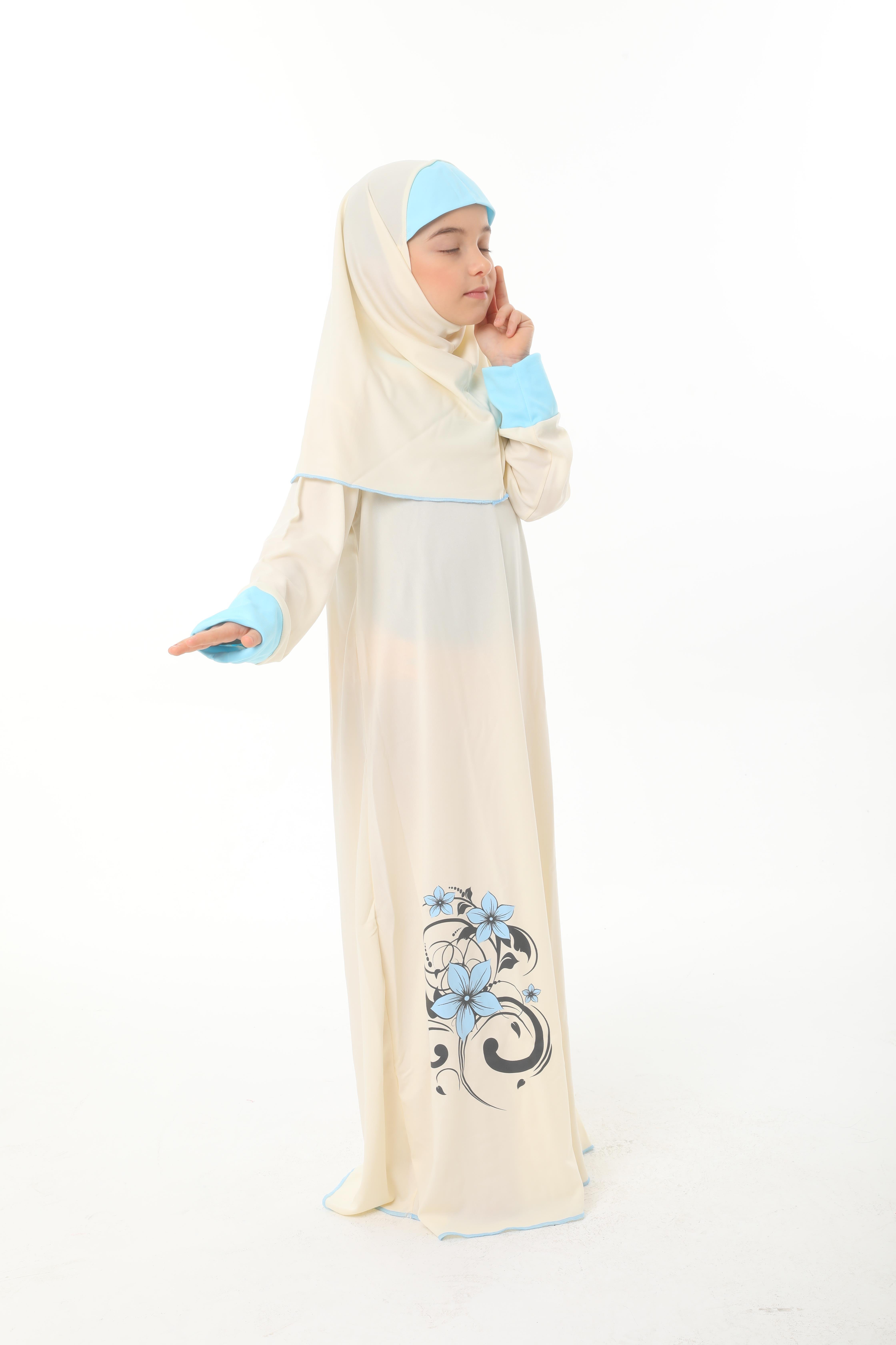 Kız Çocuk Namaz Elbisesi Çicek Basklı Kolu Manşetli