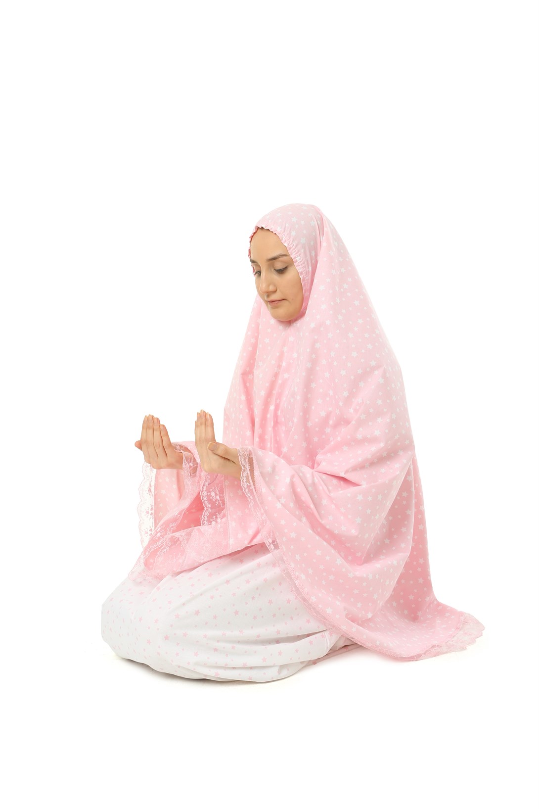 Kız Çocuk Namaz Elbisesi Pembe Rengi Yıldız Baskılı Dantel Detaylı