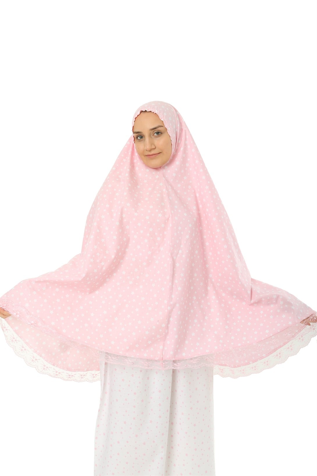 Kız Çocuk Namaz Elbisesi Pembe Rengi Yıldız Baskılı Dantel Detaylı