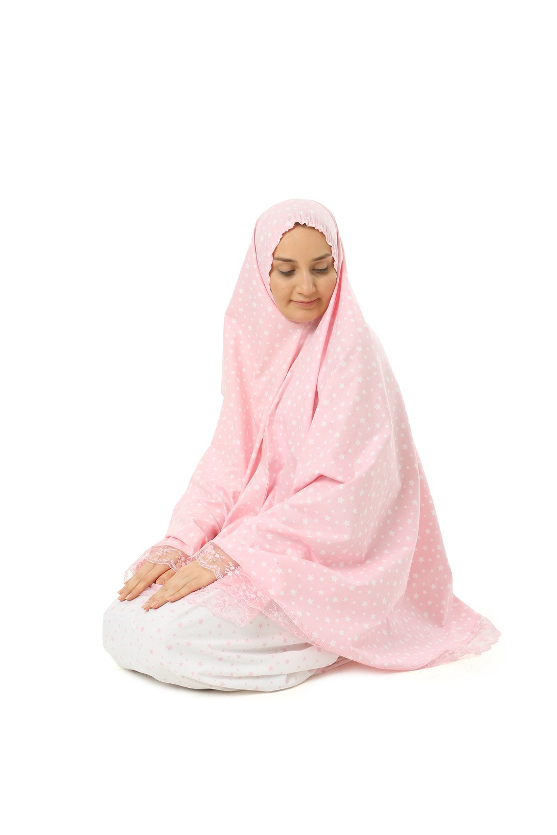 Kız Çocuk Namaz Elbisesi Pembe Rengi Yıldız Baskılı Dantel Detaylı