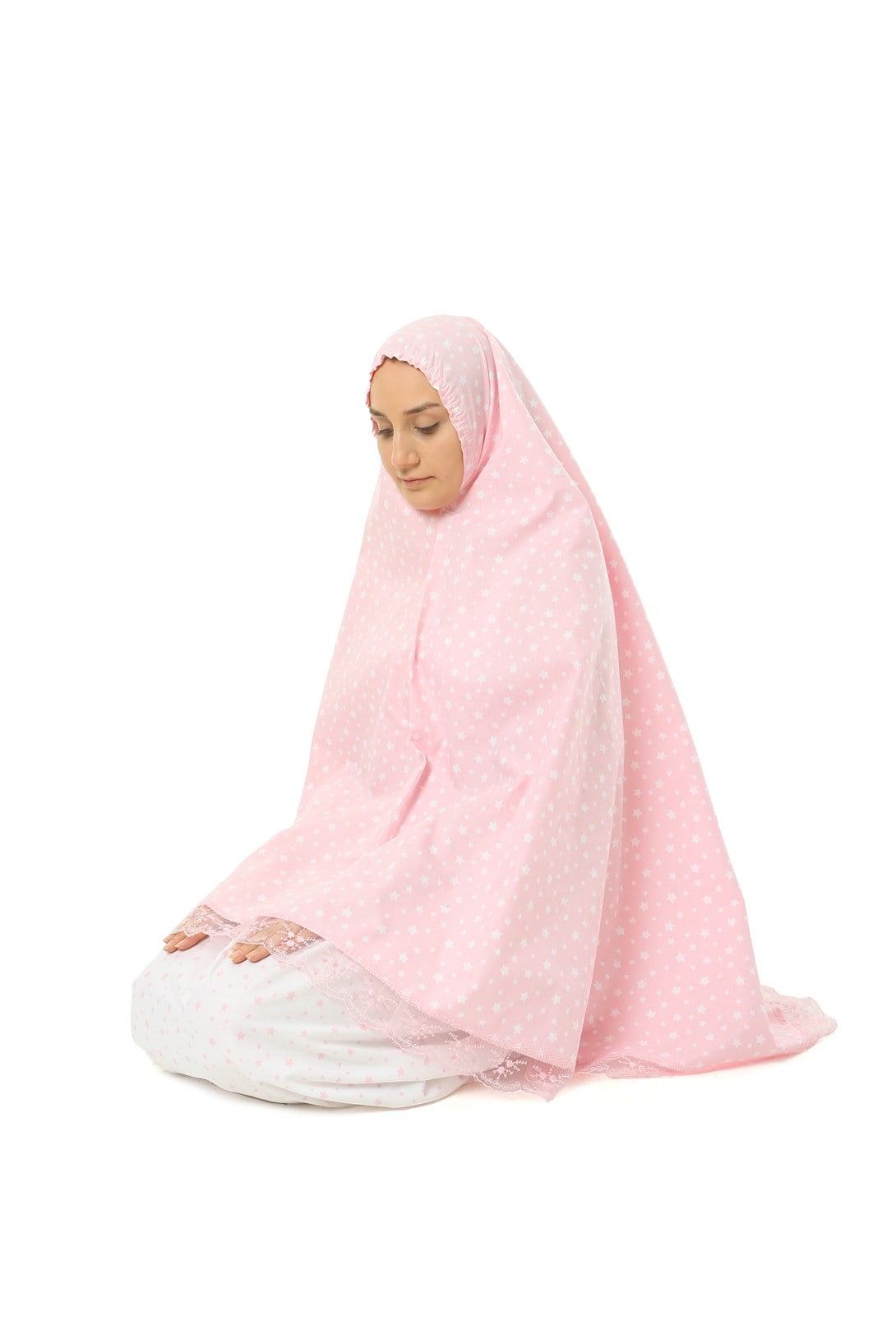Kız Çocuk Namaz Elbisesi Pembe Rengi Yıldız Baskılı Dantel Detaylı