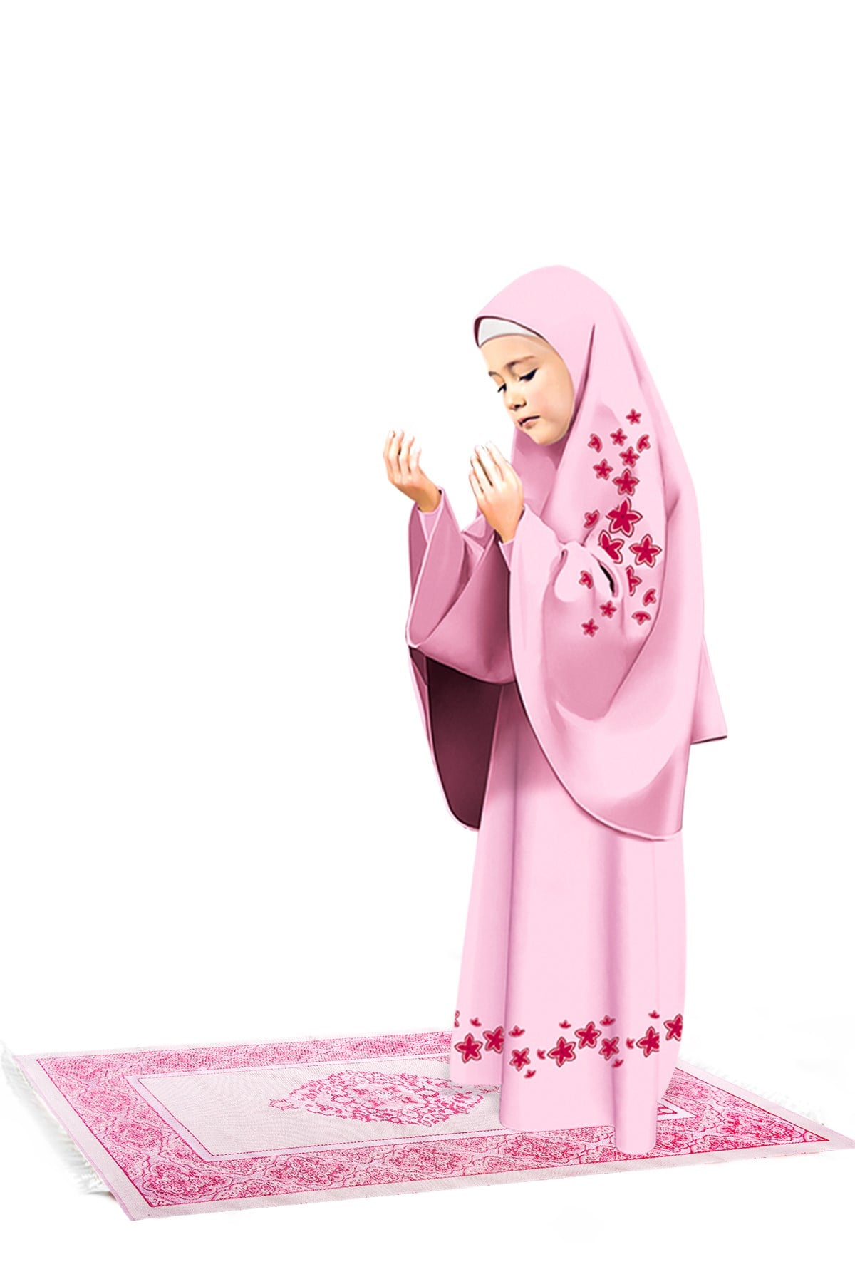 Kız Çocuk Namaz Elbisesi Yıldız Baskılı Uzun Başörtülü Ve Seccadeli Set