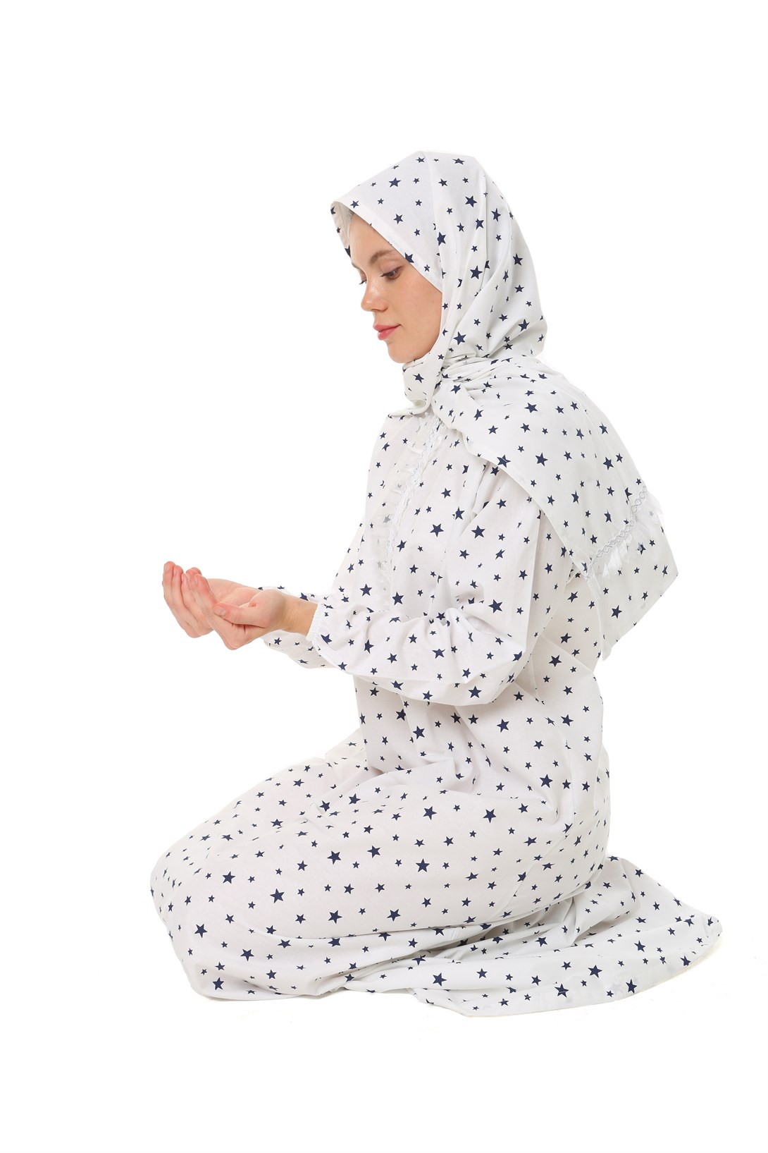 Pratik Fermuarlı Pamuklu Bayan Çocuk Namaz Elbisesi Larcivert Baskılı