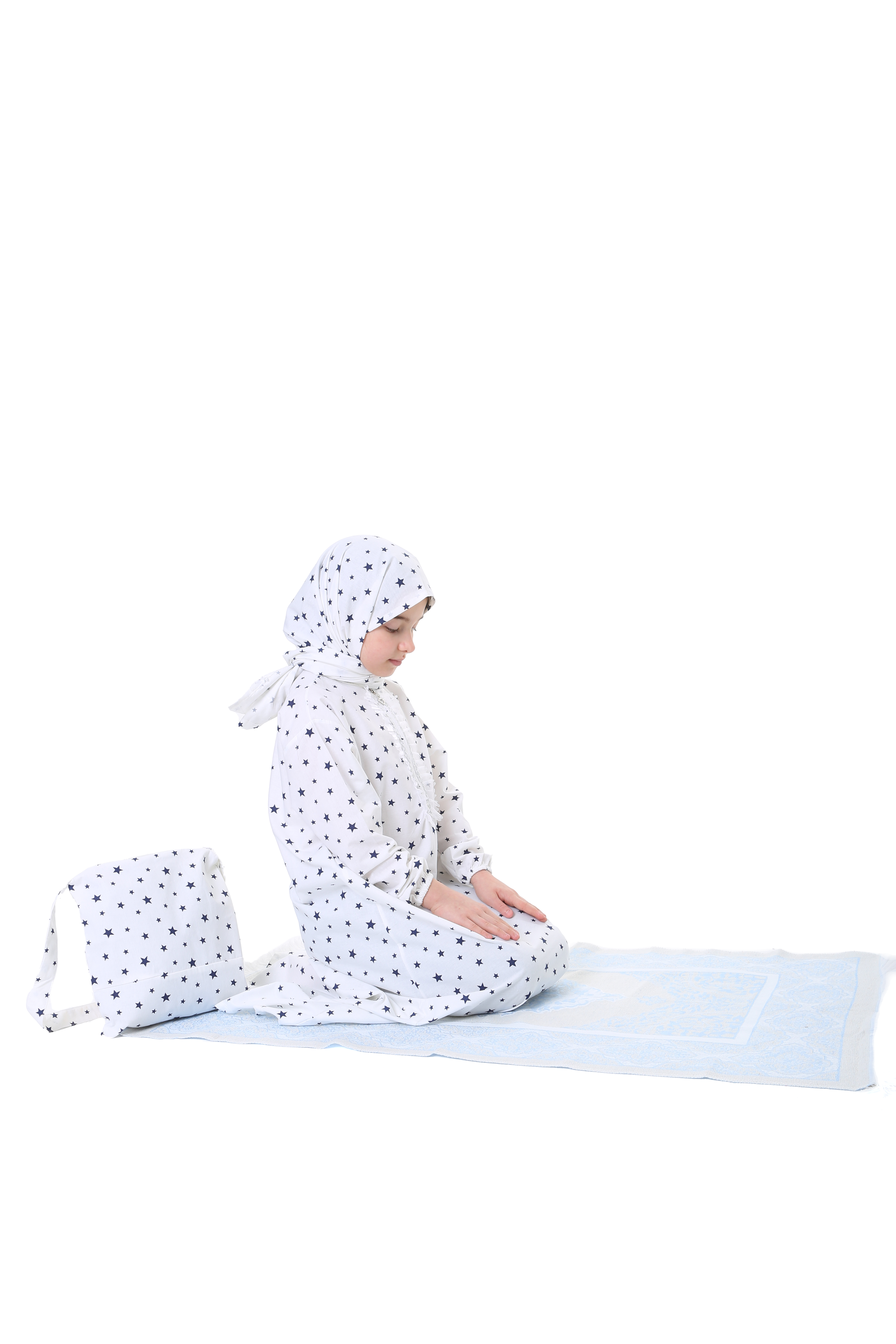 Pratik Fermuarlı Pamuklu Kız Çocuk Namaz Elbisesi 4 Parçalı Set Larcivert Baskılı