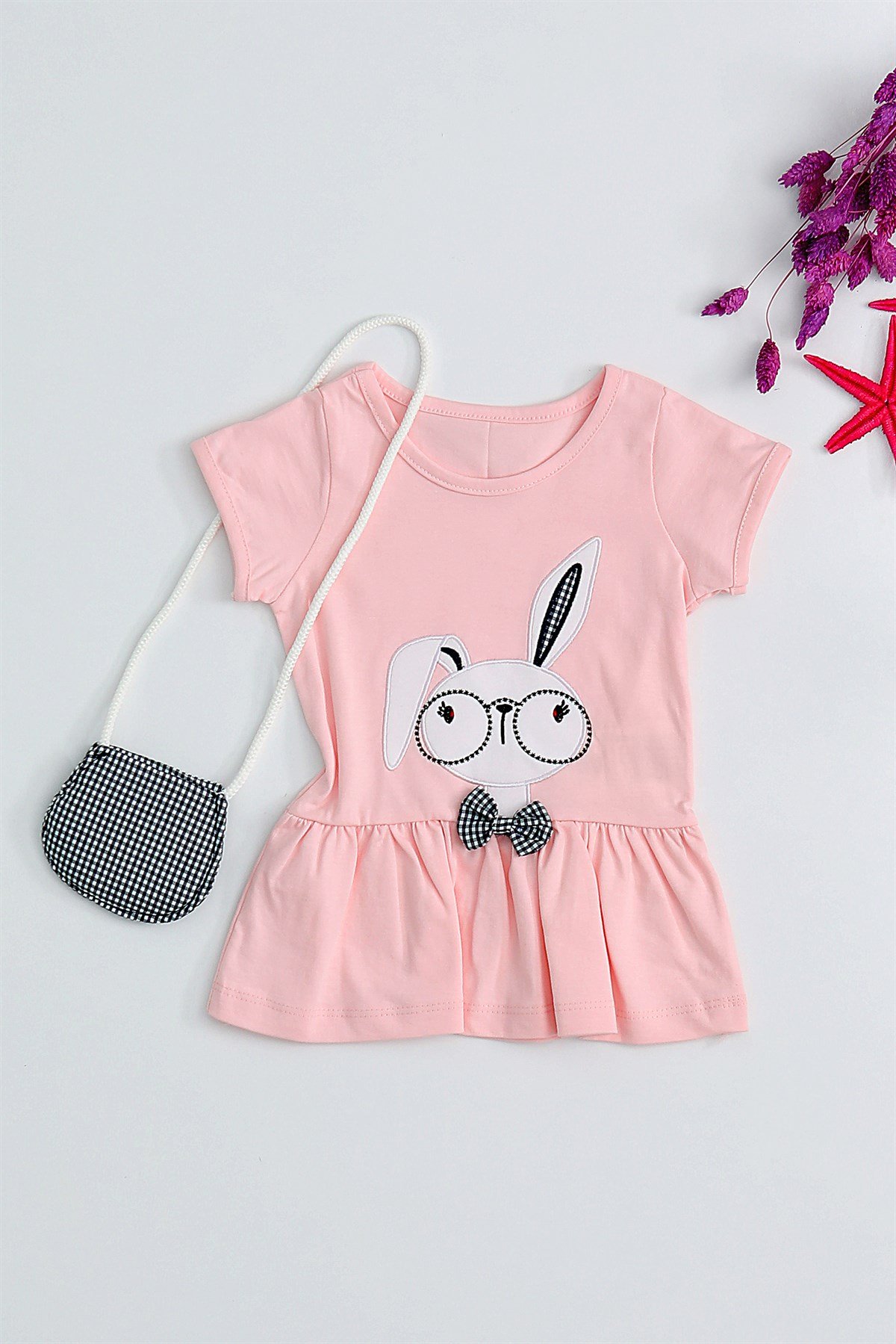 Tavşan Baskılı Çantalı Kız Bebek Elbisesi