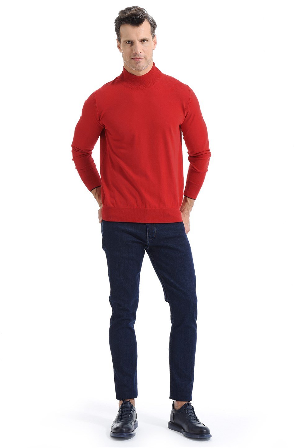  Morven Erkek Basic Dinamik Fit Yarım Balıkçı Triko Kazak Kırmızı
