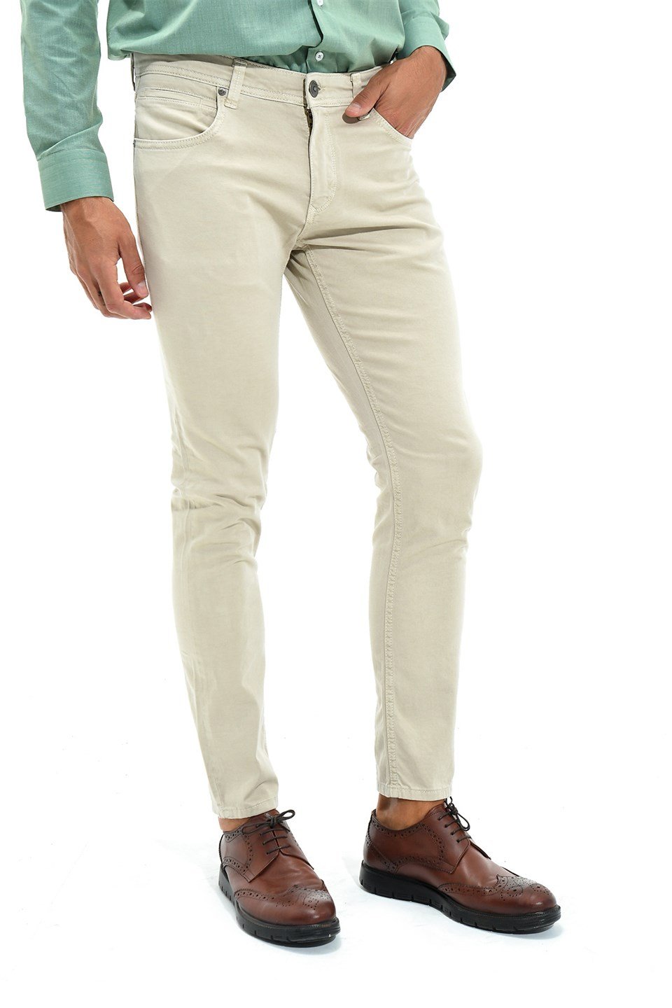  Morven Erkek Bej Pointback Pamuklu Dynamic Fit Rahat Kesim 5 Cep Keten Pantolon