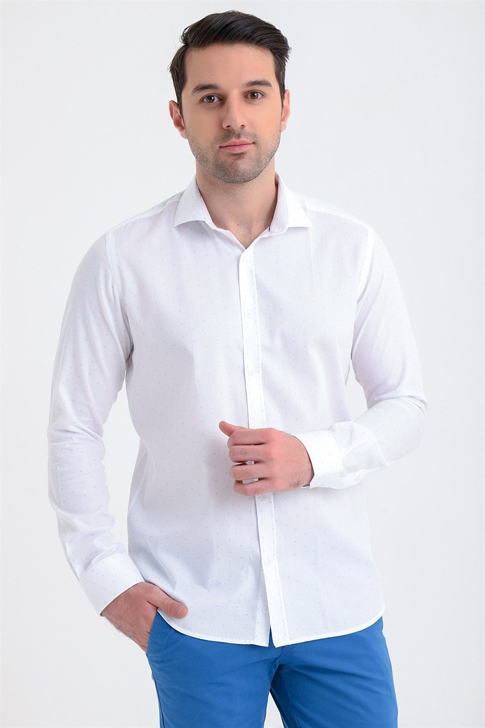  Morven Erkek Beyaz %100 Pamuk Agrive Slim Fit Dar Kesim Baskılı İtalyan Yaka Uzun Kollu Gömlek