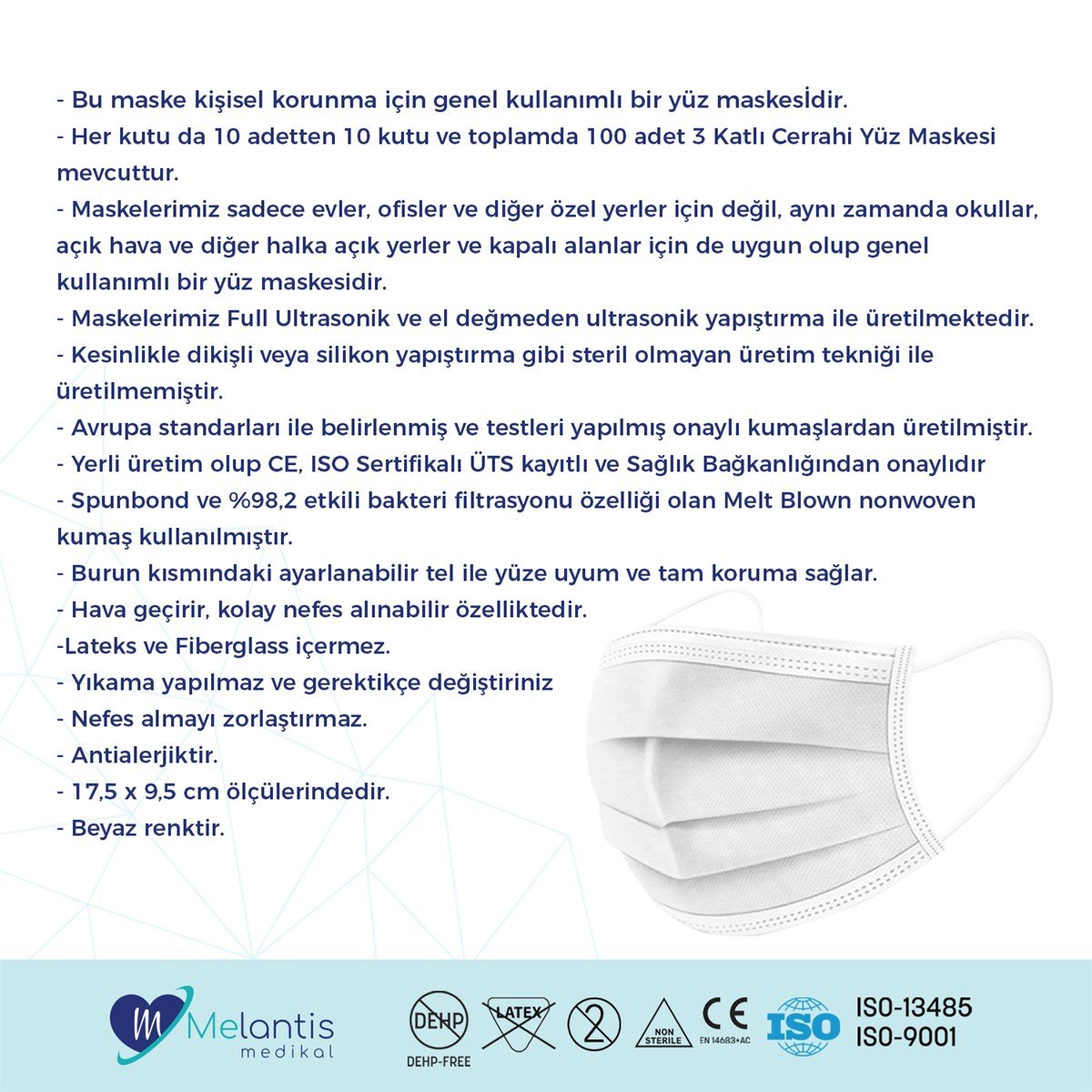  Morven Erkek Beyaz 3 Katlı Telli Cerrahi Maske 10'lu X 10 Kutu