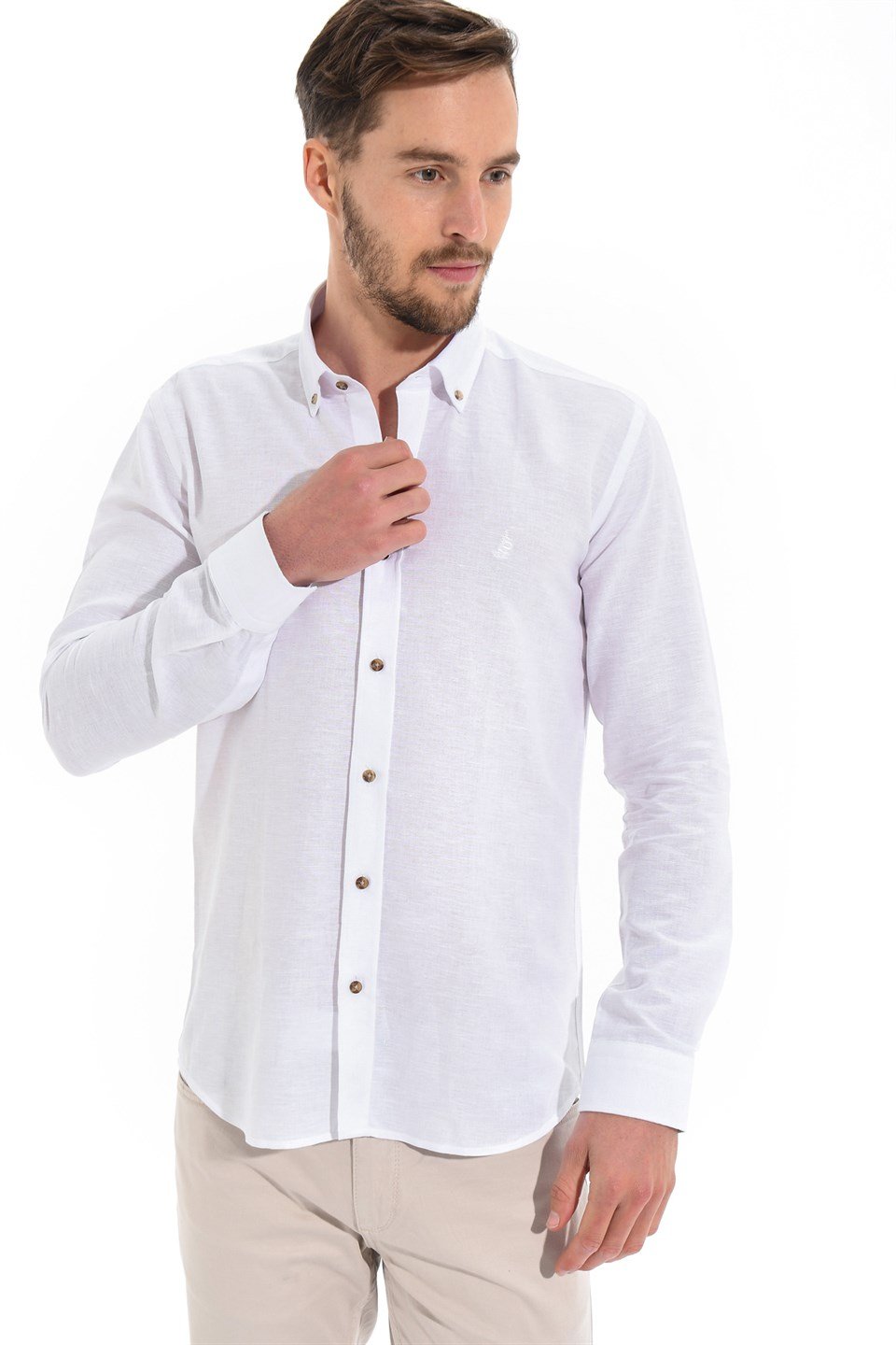  Morven Erkek Beyaz Kilyos Slim Fit Dar Kesim Düz Düğmeli Yaka Uzun Kollu Gömlek