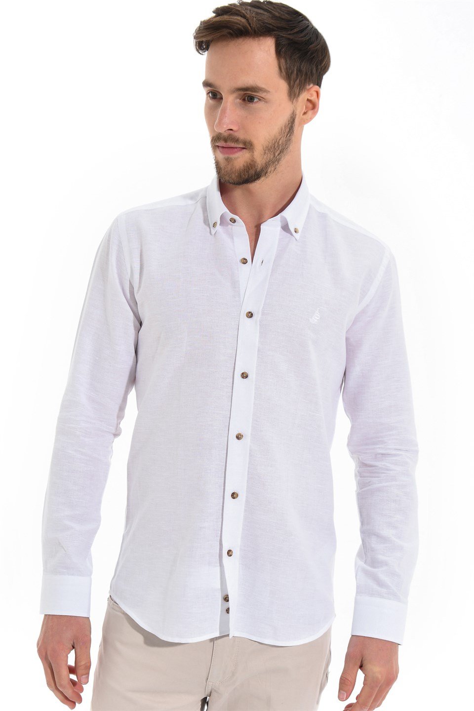  Morven Erkek Beyaz Kilyos Slim Fit Dar Kesim Düz Düğmeli Yaka Uzun Kollu Gömlek