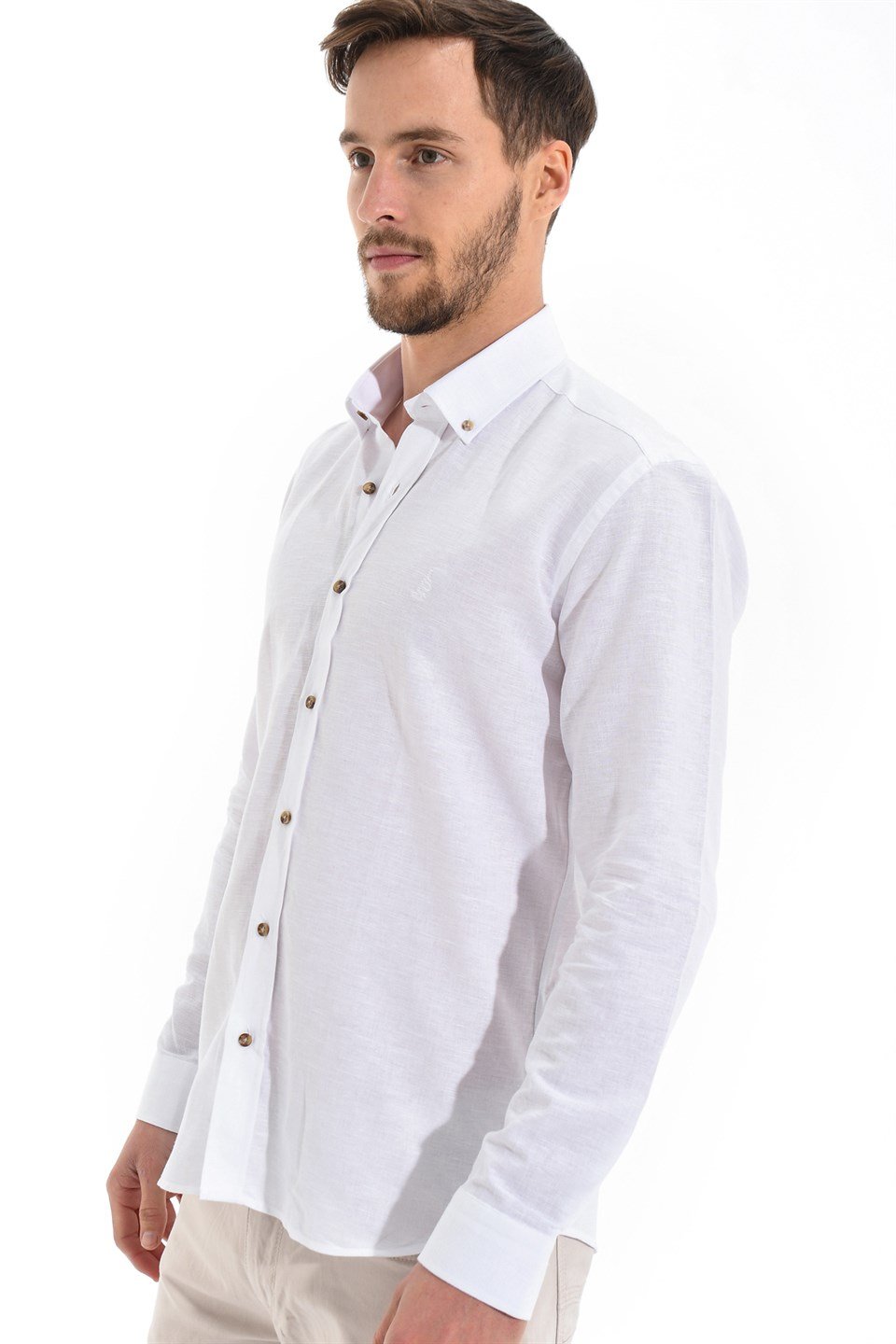  Morven Erkek Beyaz Kilyos Slim Fit Dar Kesim Düz Düğmeli Yaka Uzun Kollu Gömlek