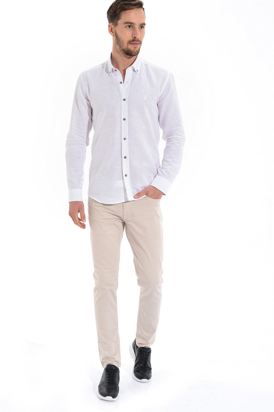  Morven Erkek Beyaz Kilyos Slim Fit Dar Kesim Düz Düğmeli Yaka Uzun Kollu Gömlek