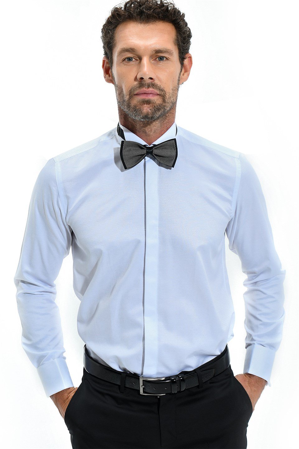  Morven Erkek Beyaz Slim Fit Jakarlı Ata Yaka Damatlık Manşetli Gömlek