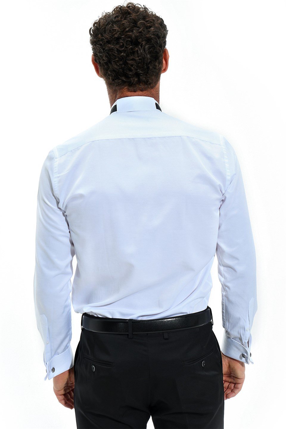  Morven Erkek Beyaz Slim Fit Jakarlı Ata Yaka Damatlık Manşetli Gömlek