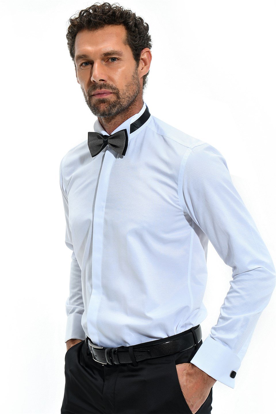  Morven Erkek Beyaz Slim Fit Jakarlı Ata Yaka Damatlık Manşetli Gömlek