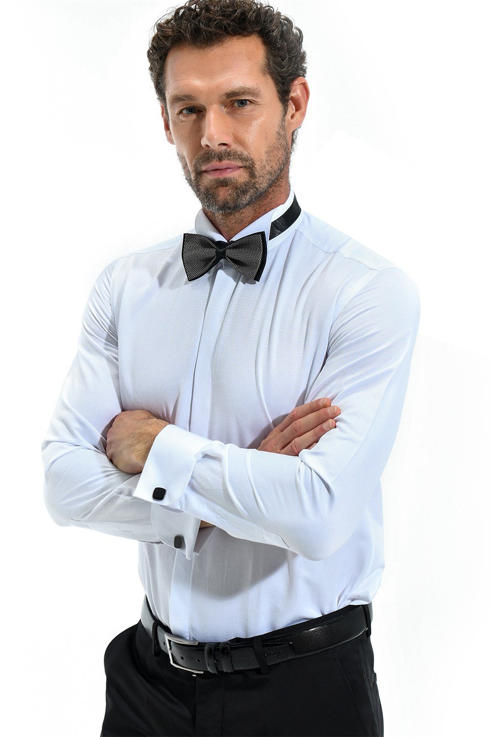  Morven Erkek Beyaz Slim Fit Jakarlı Ata Yaka Damatlık Manşetli Gömlek