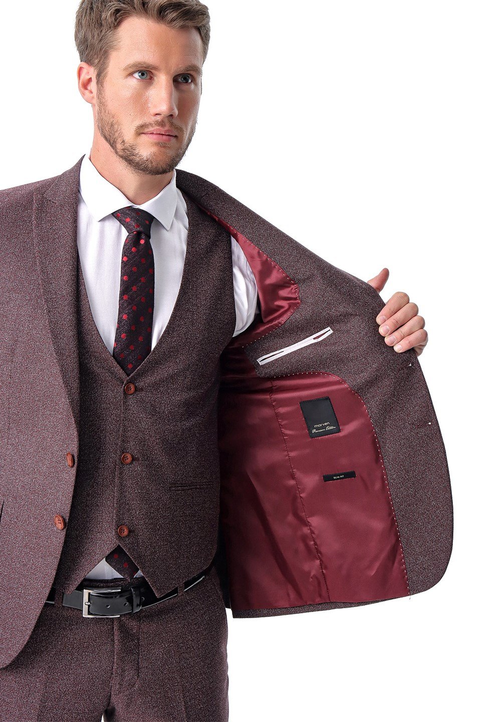 Morven Erkek Bordo Carrera Desenli  Slim Fit Dar Kesim Yelekli 6 Drop Takım Elbise