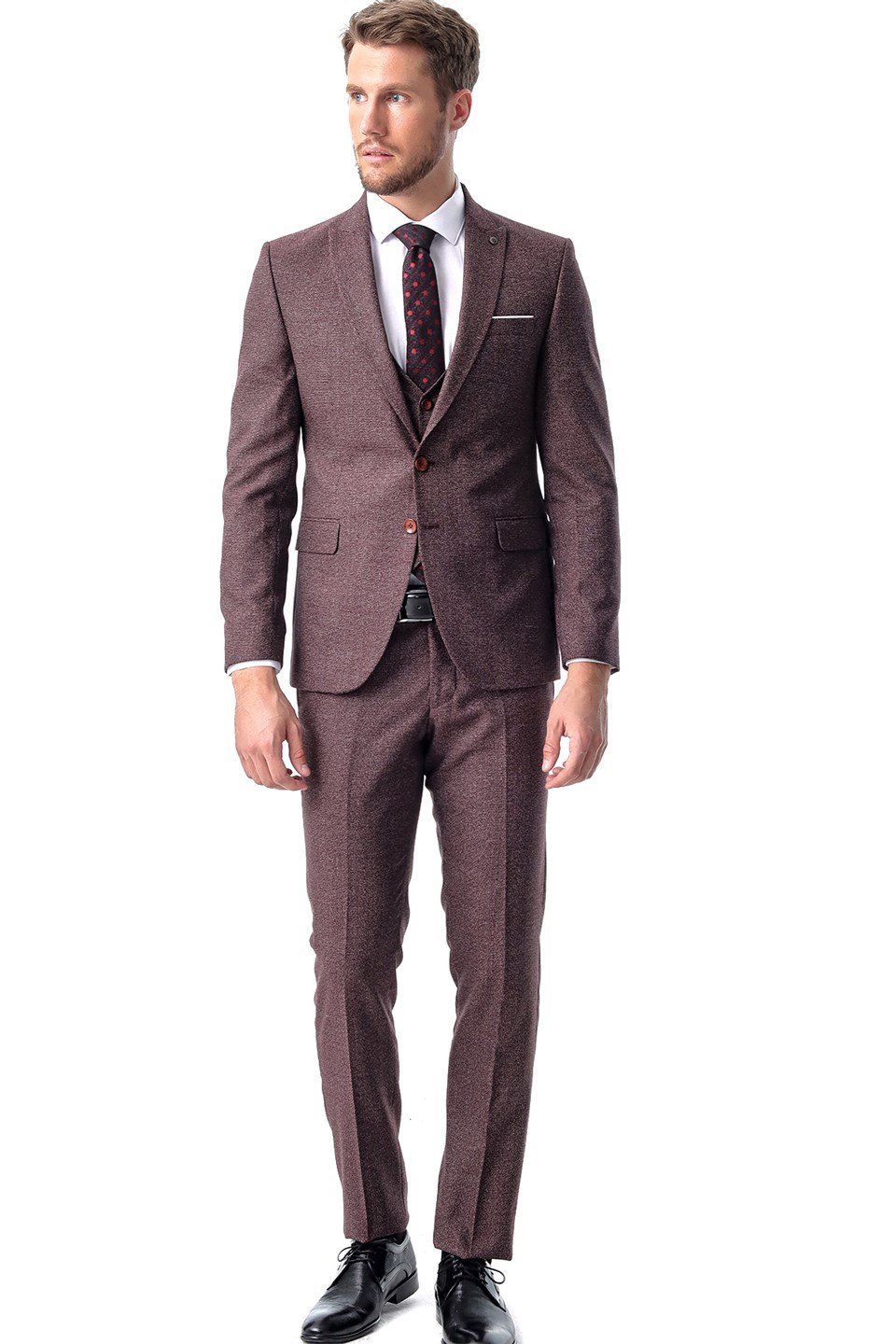  Morven Erkek Bordo Carrera Desenli  Slim Fit Dar Kesim Yelekli 6 Drop Takım Elbise