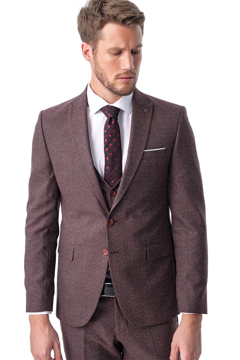  Morven Erkek Bordo Carrera Desenli  Slim Fit Dar Kesim Yelekli 6 Drop Takım Elbise