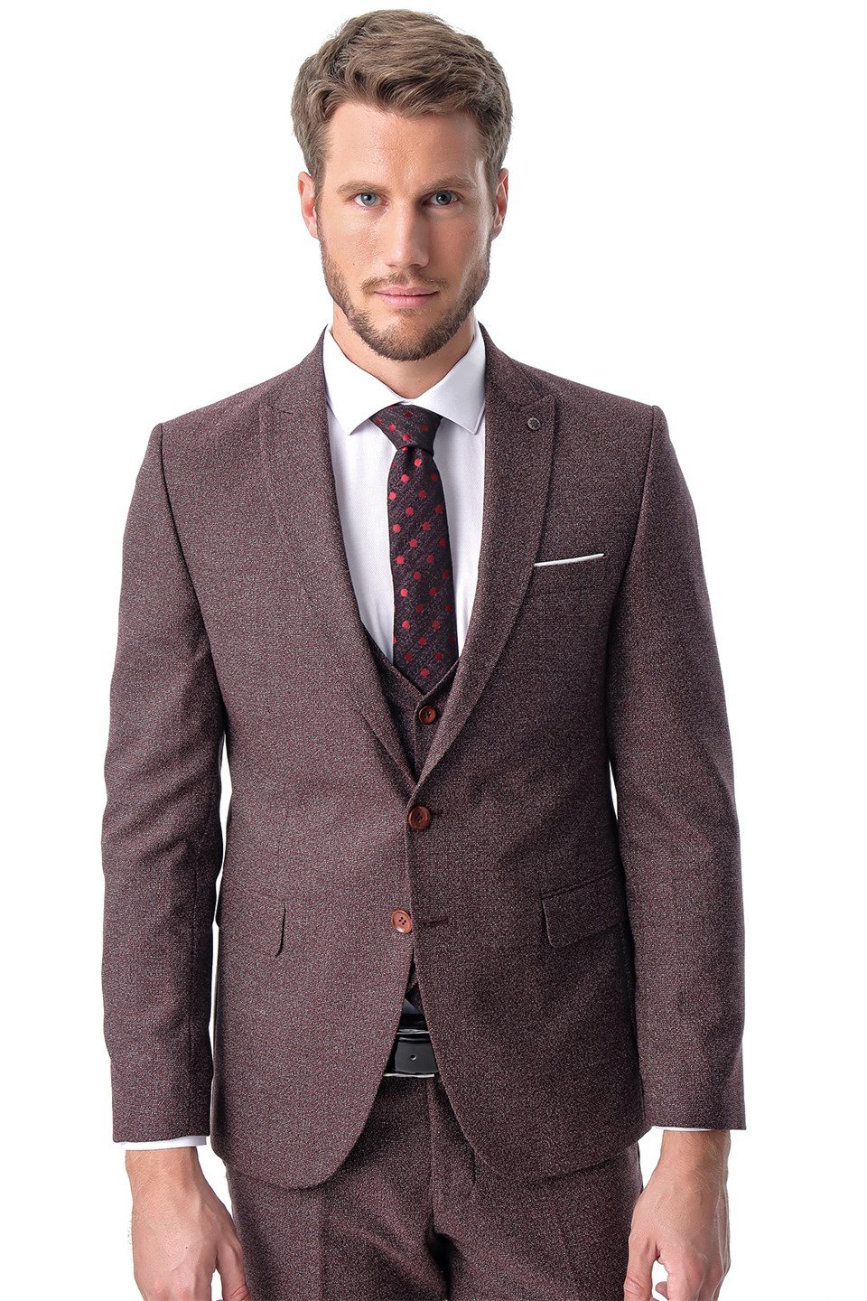  Morven Erkek Bordo Carrera Desenli  Slim Fit Dar Kesim Yelekli 6 Drop Takım Elbise