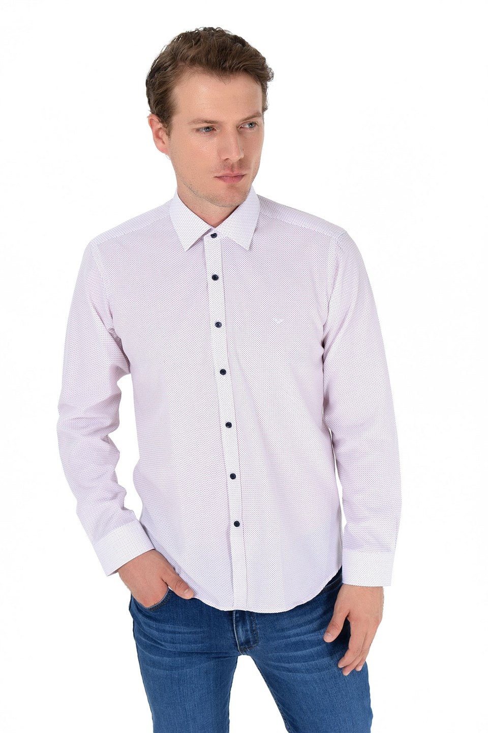  Morven Erkek Bordo Slim Fit Dar Kesim Puantiyeli Sert Yaka Uzun Kollu Gömlek