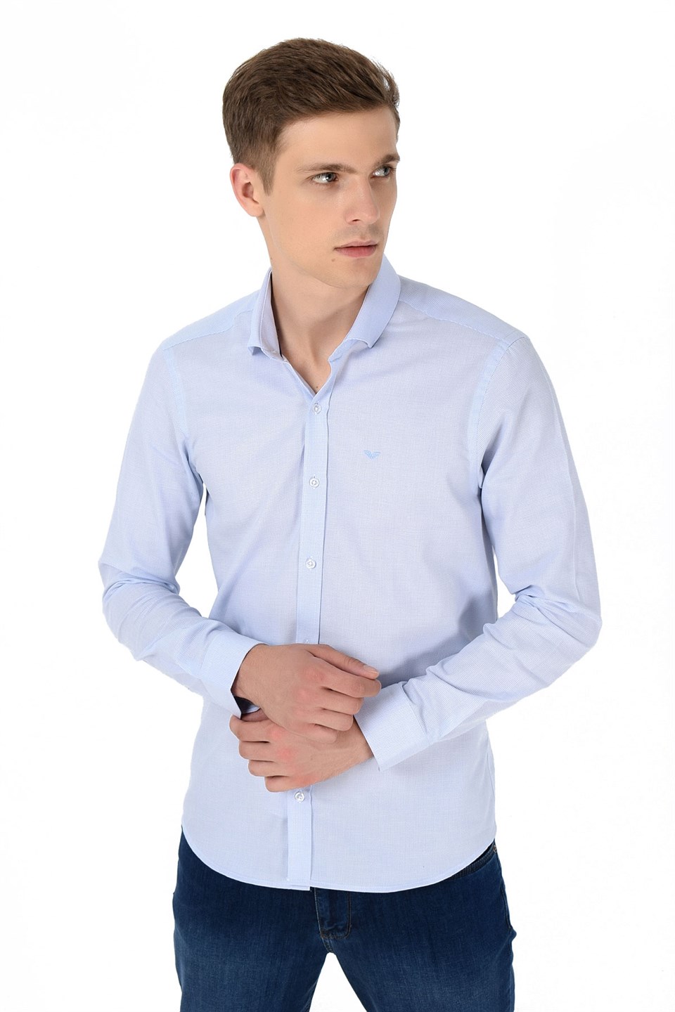  Morven Erkek Buz Mavisi Agrive %100 Pamuklu Slim Fit Dar Kesim Sert Yaka Uzun Kollu Gömlek