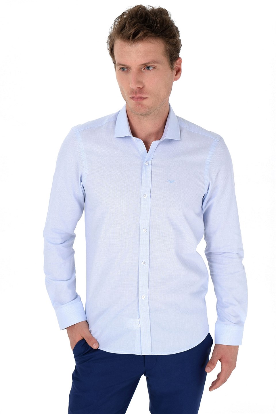  Morven Erkek Buz Mavisi Agrive %100 Pamuklu Slim Fit Dar Kesim Sert Yaka Uzun Kollu Gömlek