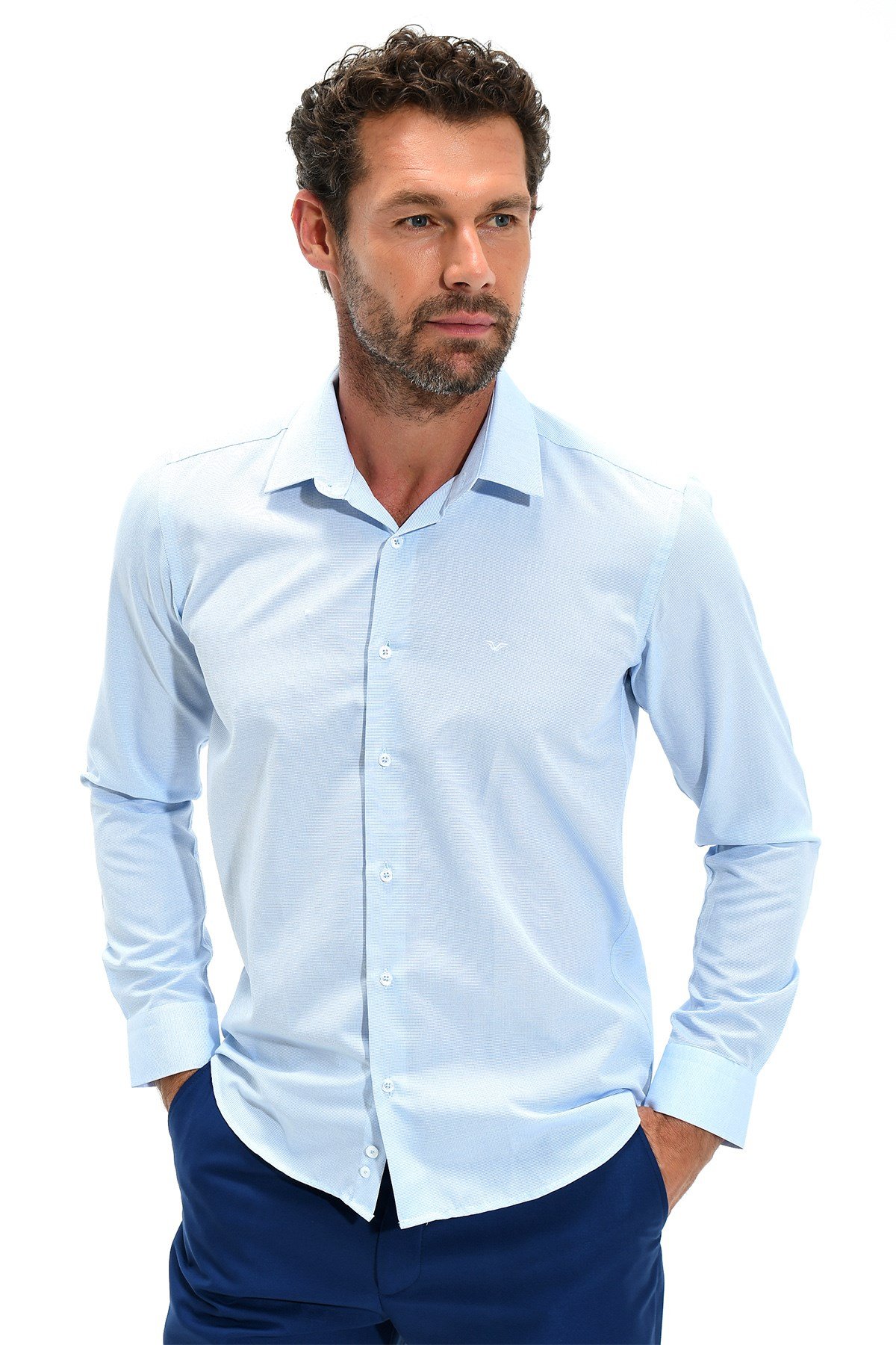  Morven Erkek Buz Mavisi Maine Slim Fit Dar Kesim Desenli Sert Yaka Uzun Kollu Gömlek