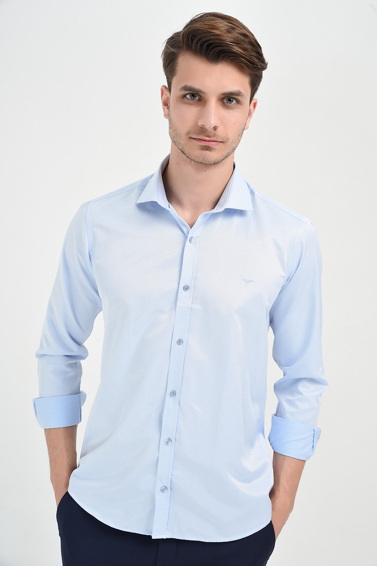  Morven Erkek Buz Mavisi Saldera Slim Fit Jakarlı İtalyan Yaka Uzun Kollu Gömlek