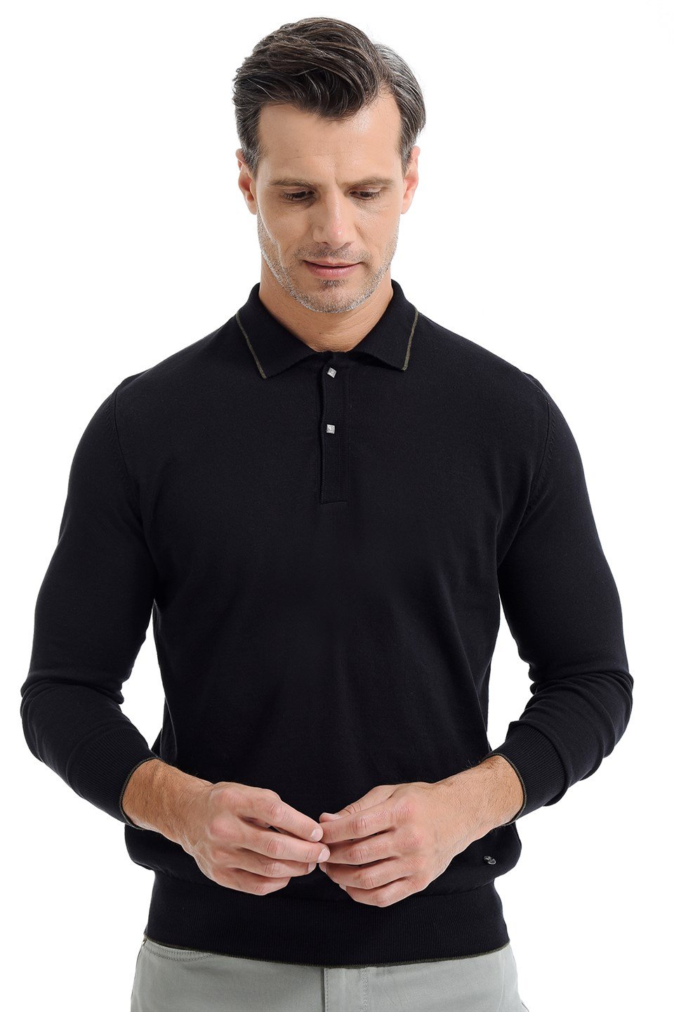  Morven Erkek Dinamik Fit Basic Polo Yaka Triko Kazak Siyah