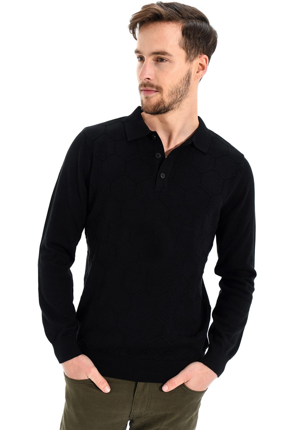 Morven Erkek Dinamik Fit Polo Yaka  Petek Desenli  Triko Kazak Siyah