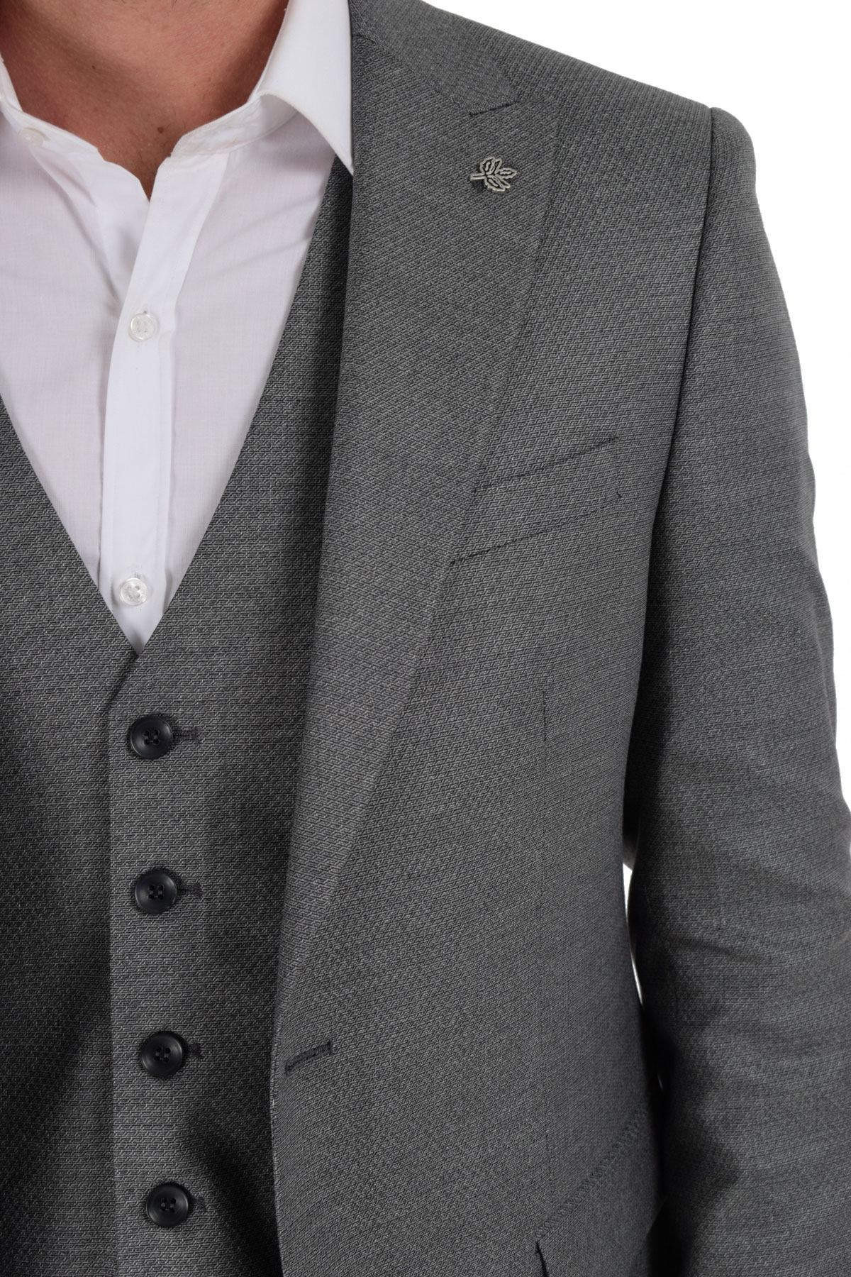  Morven Erkek Gri Berlin Slim Fit Dar Kesim Jakarlı Yelekli 6 Drop Takım Elbise