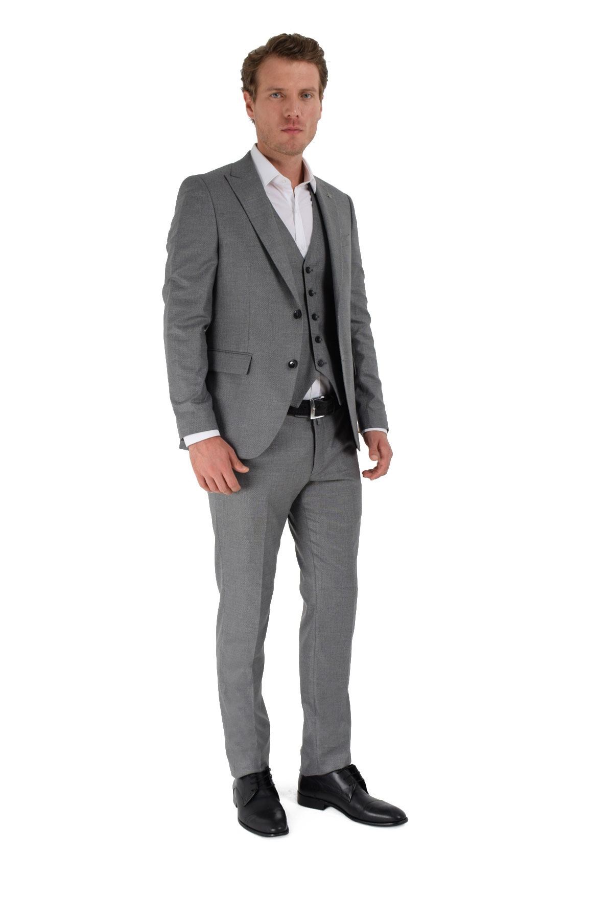  Morven Erkek Gri Berlin Slim Fit Dar Kesim Jakarlı Yelekli 6 Drop Takım Elbise