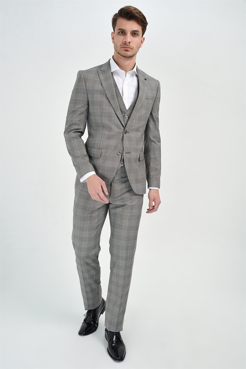  Morven Erkek Gri Kareli Slim Fit Dar Kesim Yelekli 6 Drop Takım Elbise