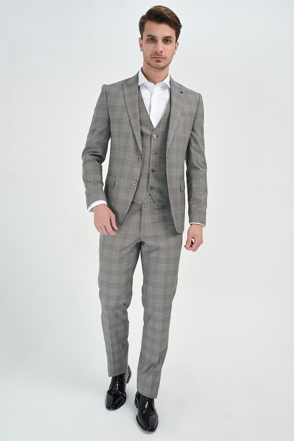  Morven Erkek Gri Kareli Slim Fit Dar Kesim Yelekli 6 Drop Takım Elbise