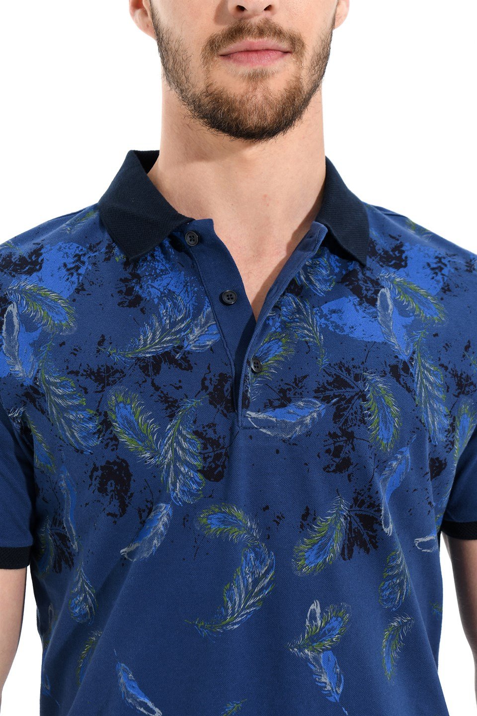  Morven Erkek İndigo Polo Yaka Dynamic Fit Rahat Kesim Cepsiz Baskılı Pike T-shirt